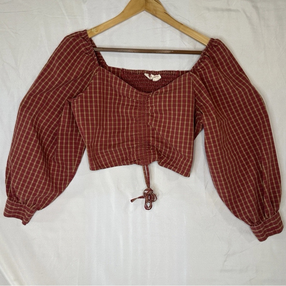 100% Cotton Levi's Red Plaid Puff Sleeve Cropped Top Blouse